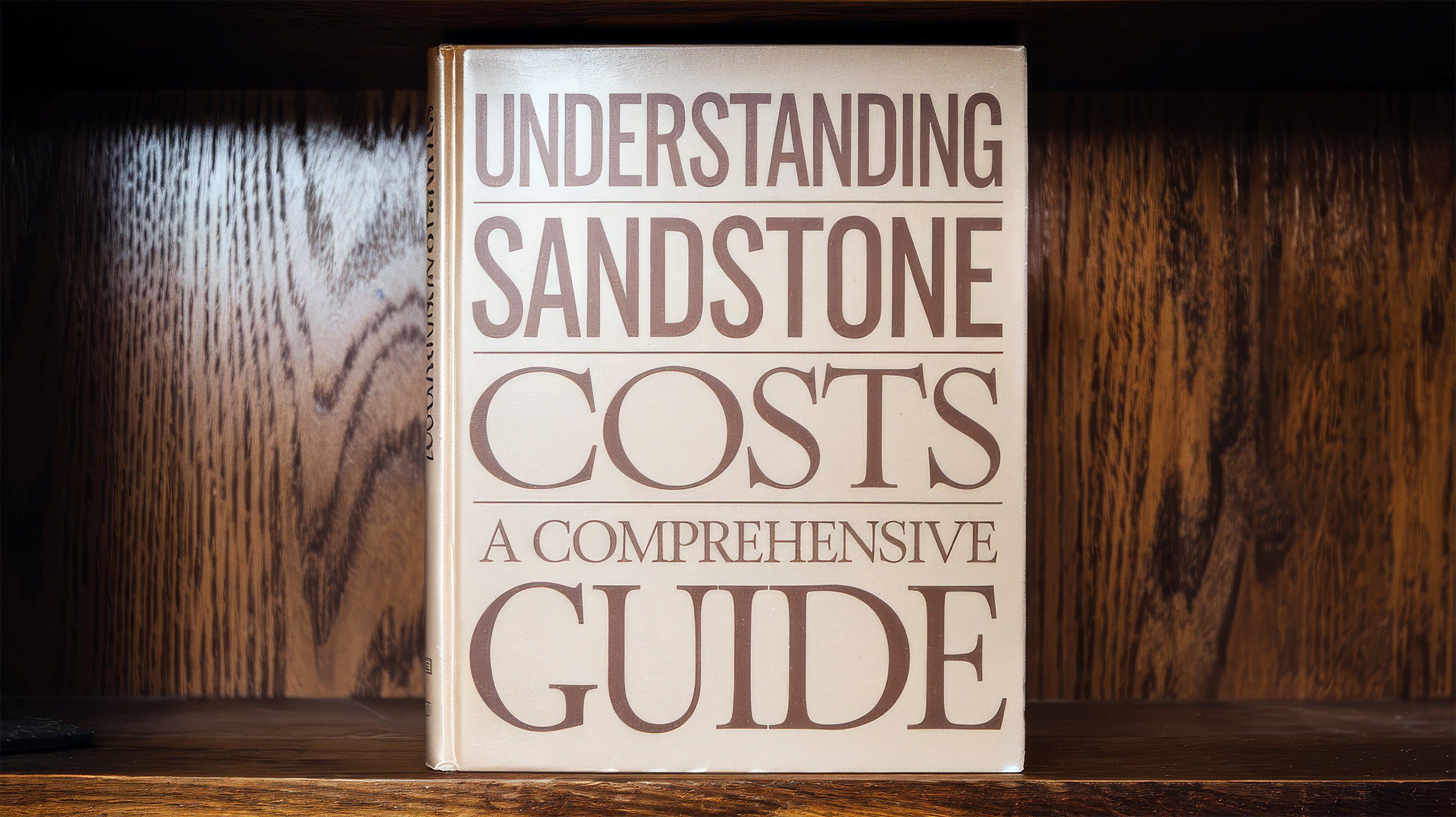 A book titled "Understanding Sandstone Costs: A Comprehensive Guide" is placed upright on a wooden shelf. The cover features bold, brown typography on a beige background.