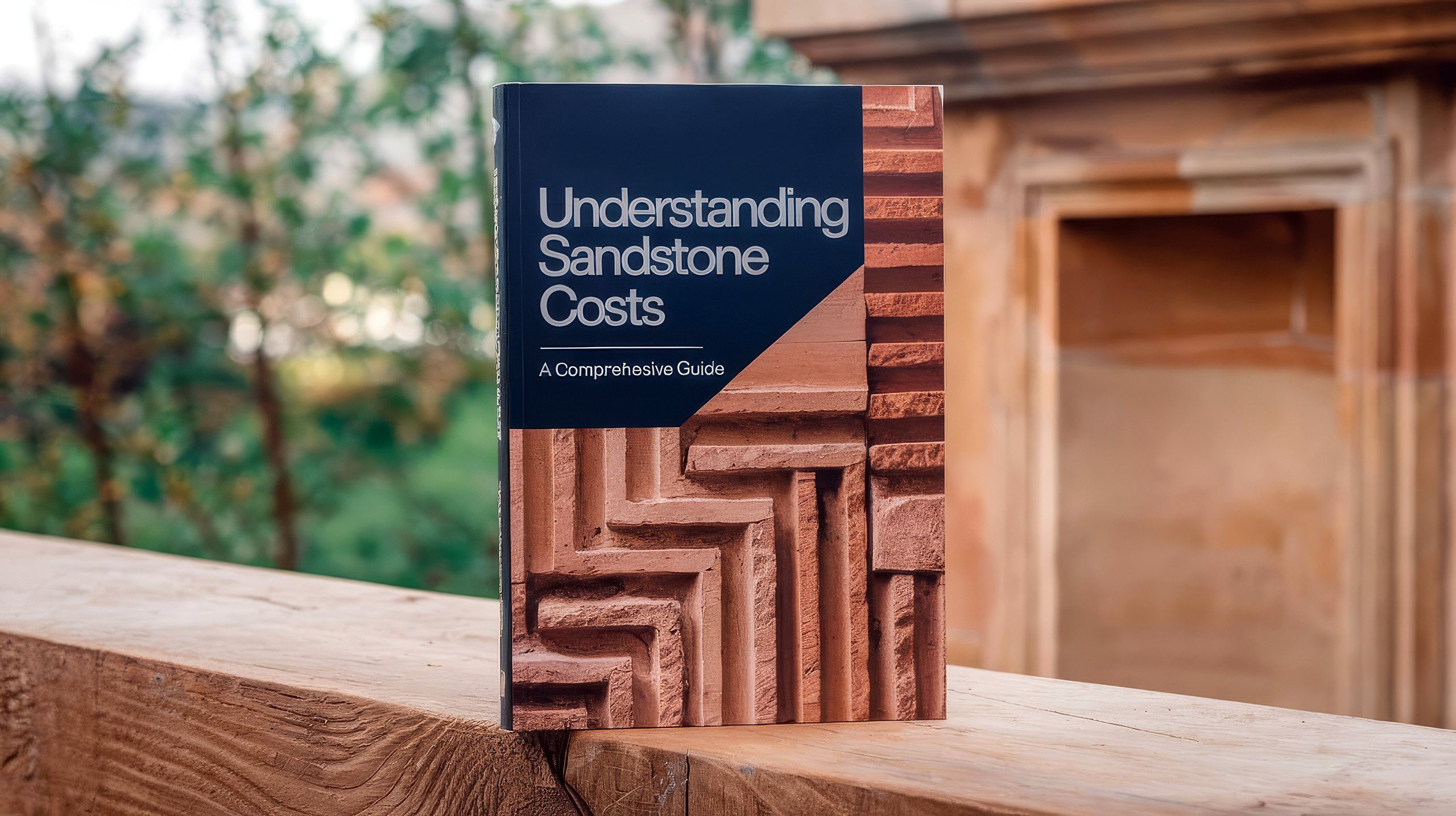 The image shows a book titled "Understanding Sandstone Costs: A Comprehensive Guide." The cover features a geometric pattern of sandstone blocks. The book is resting on a wooden surface with a blurred outdoor background.