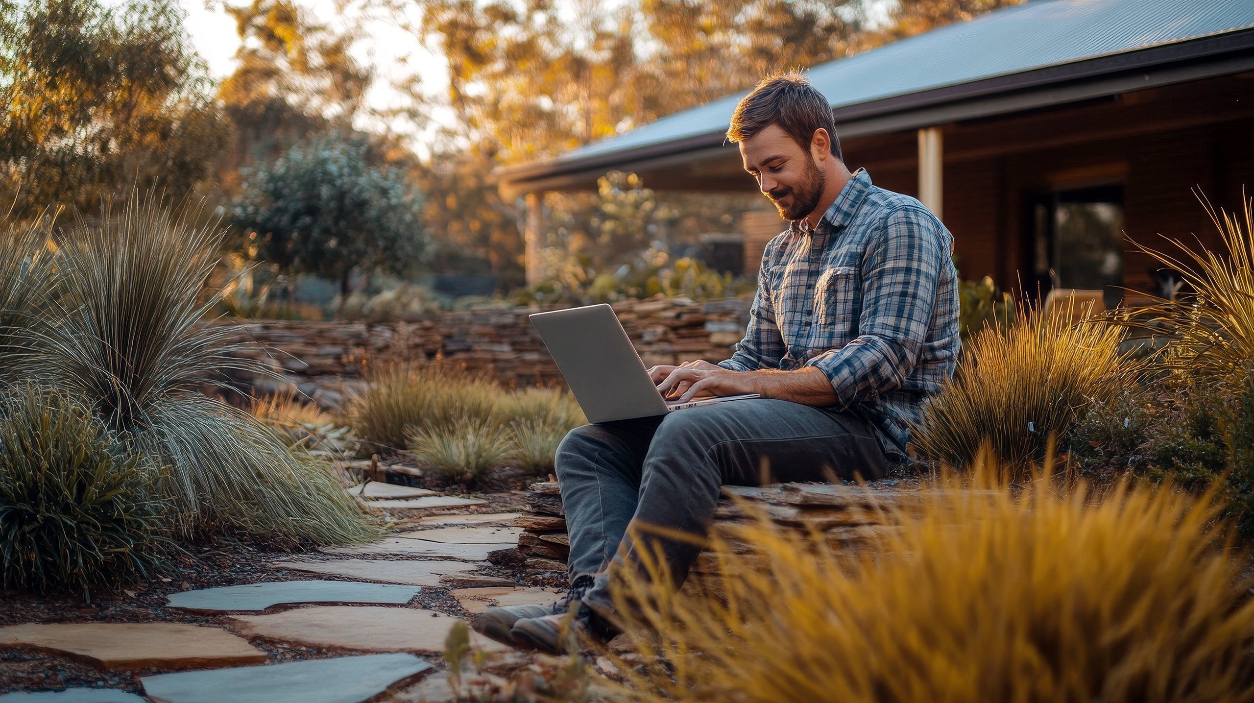 A man in a plaid shirt sits outside on a stone path, using a laptop. He is surrounded by grasses and plants, with a house and trees in the background, under warm, golden lighting.