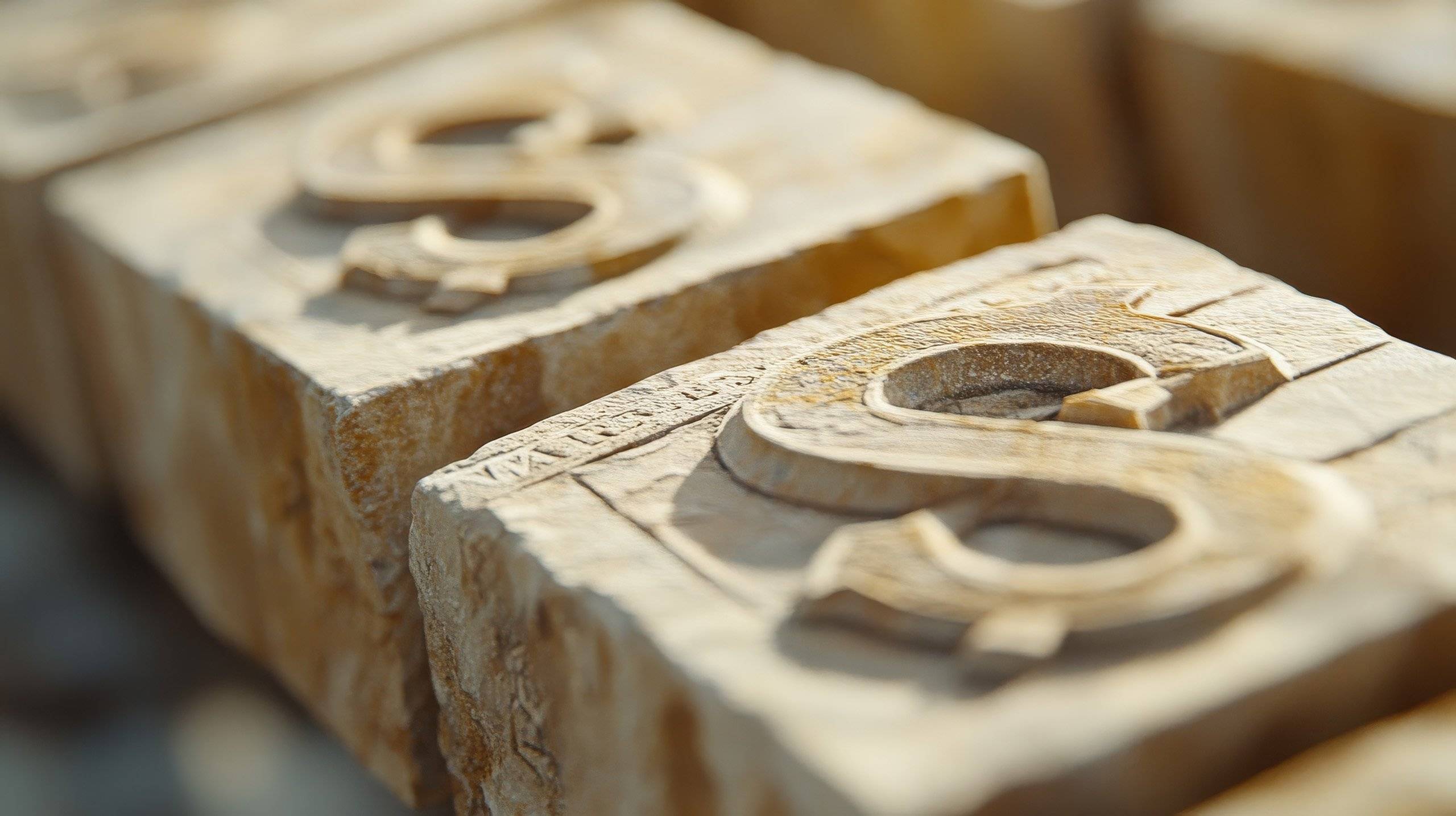 Close-up of stone tiles with carved letter "S" on each. The tiles are weathered, with detailed grooves and shadows emphasizing the relief effect. The focus is on one tile in the foreground, with others slightly out of focus in the background.