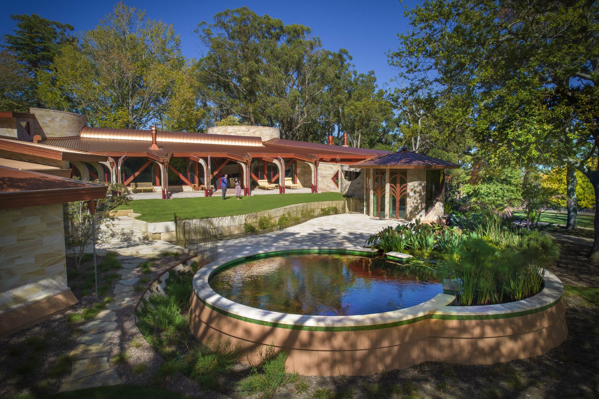 Aerial view of Clematis House showcasing Gosford Quarries sandstone walls and curved copper roofing